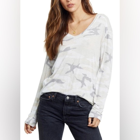 Rails Sami Long Sleeve V Neck Top In Stone Camo Size Large Linen Blend - Picture 1 of 6